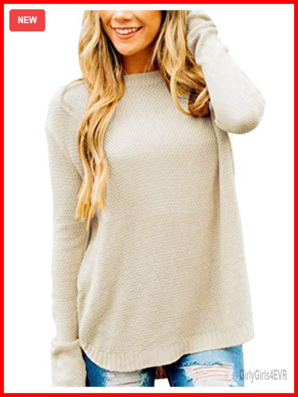 Womens Soft Loose Fit Crew Neck Pullover Sweater Ribbed Sleeve